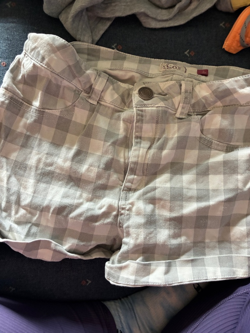 SO Women’s Plaid Jean Shorts in Light Gray and White